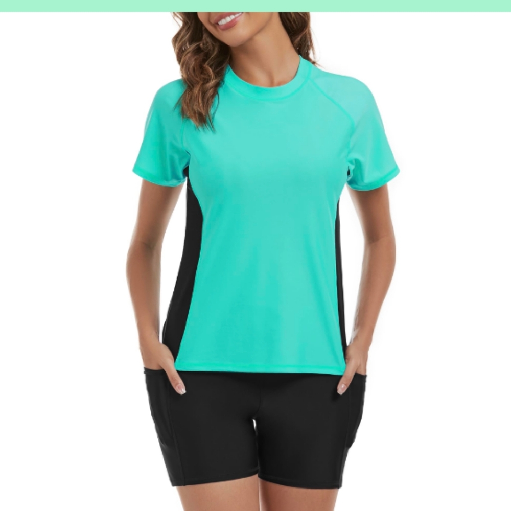 Tournesol Women's Rash Guard 2 Piece Short Sleeve Swim Shirt with Shorts
